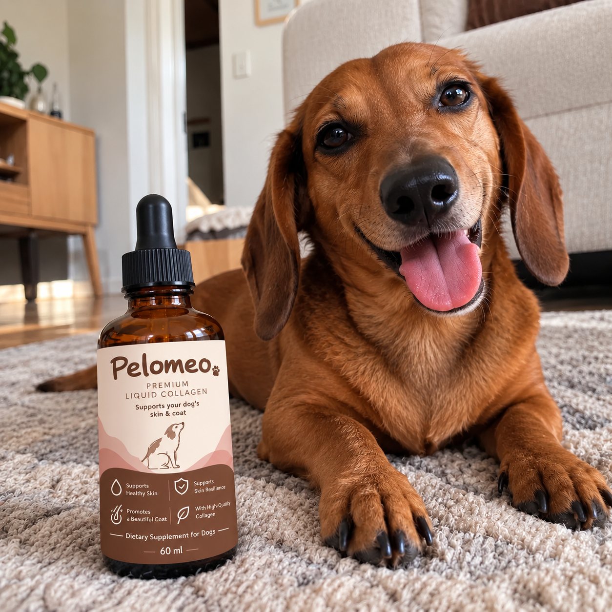 Happy dog next to a bottle of Pelomeo