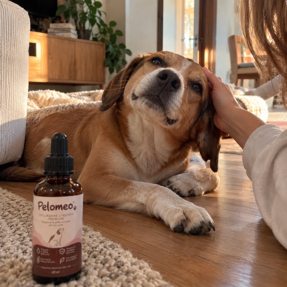 Dog being petted next to a bottle of Pelomeo