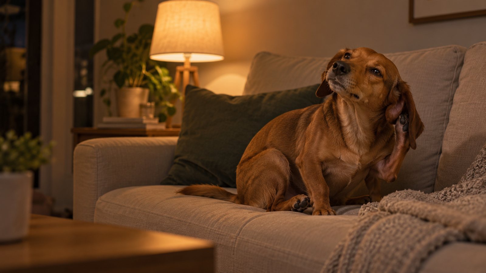 Dog scratching on the couch at night